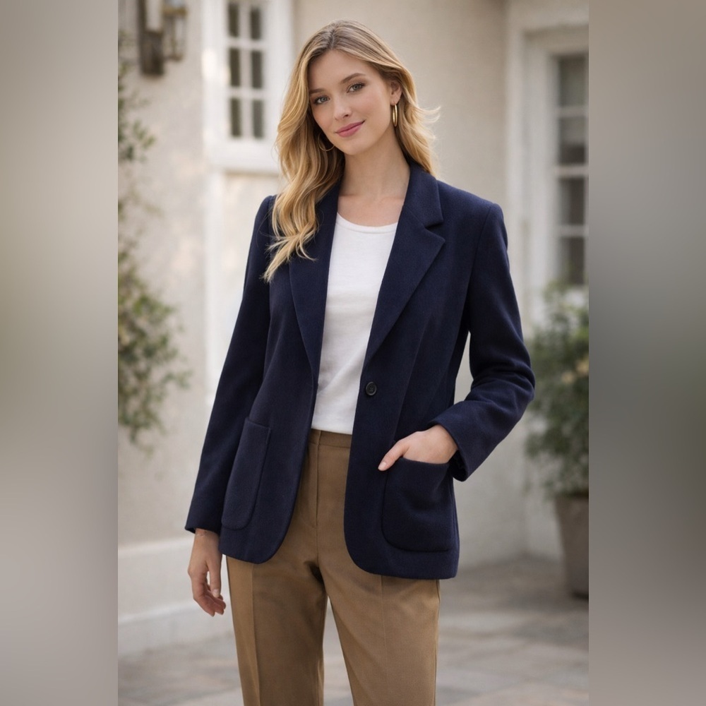 Vintage Land’s End Tailor Weight Navy Wool Cashmere Women's Blazer Petite 8